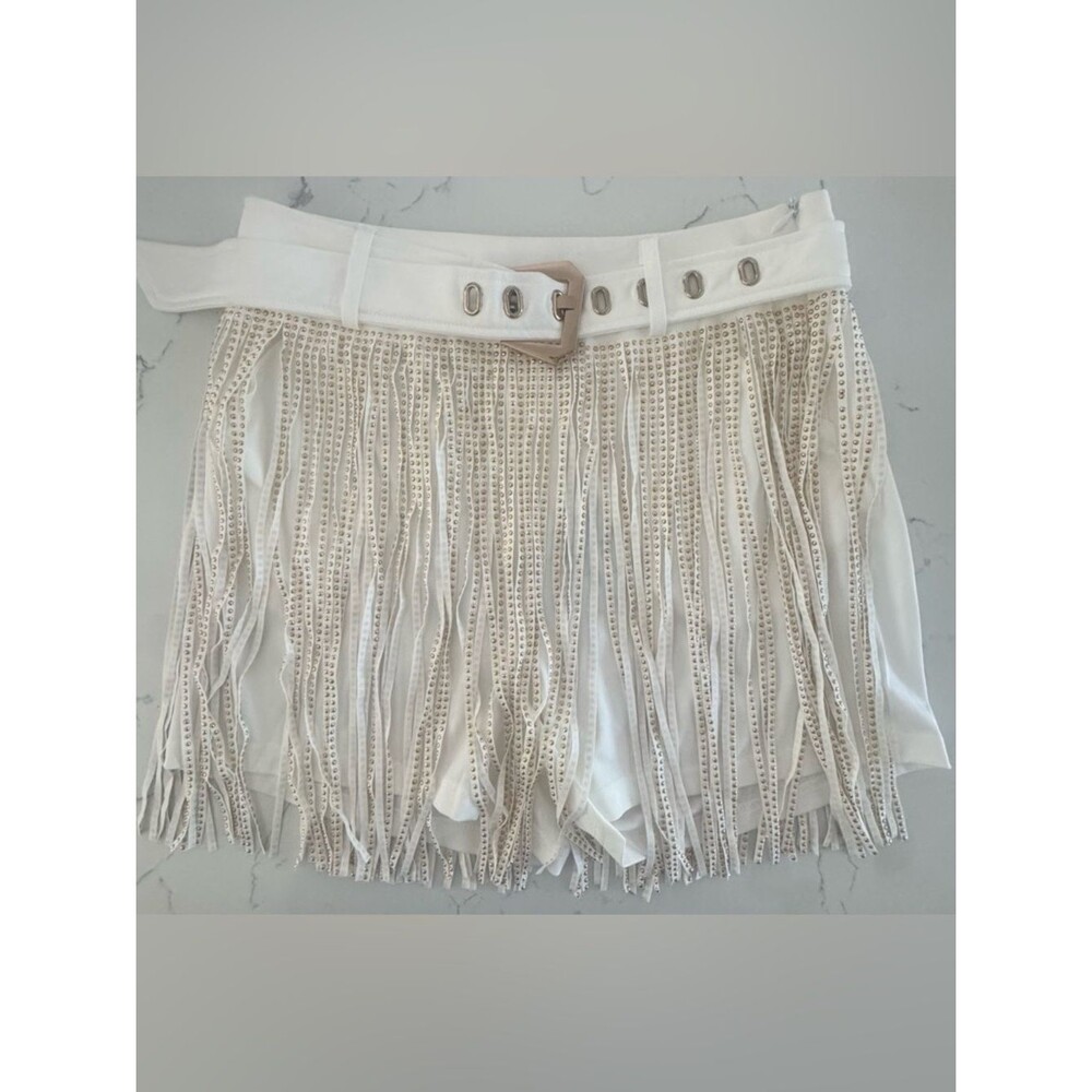 Cloud Ten White Rhinestone Fringe Belted Shorts Western Festival Glam NWT M